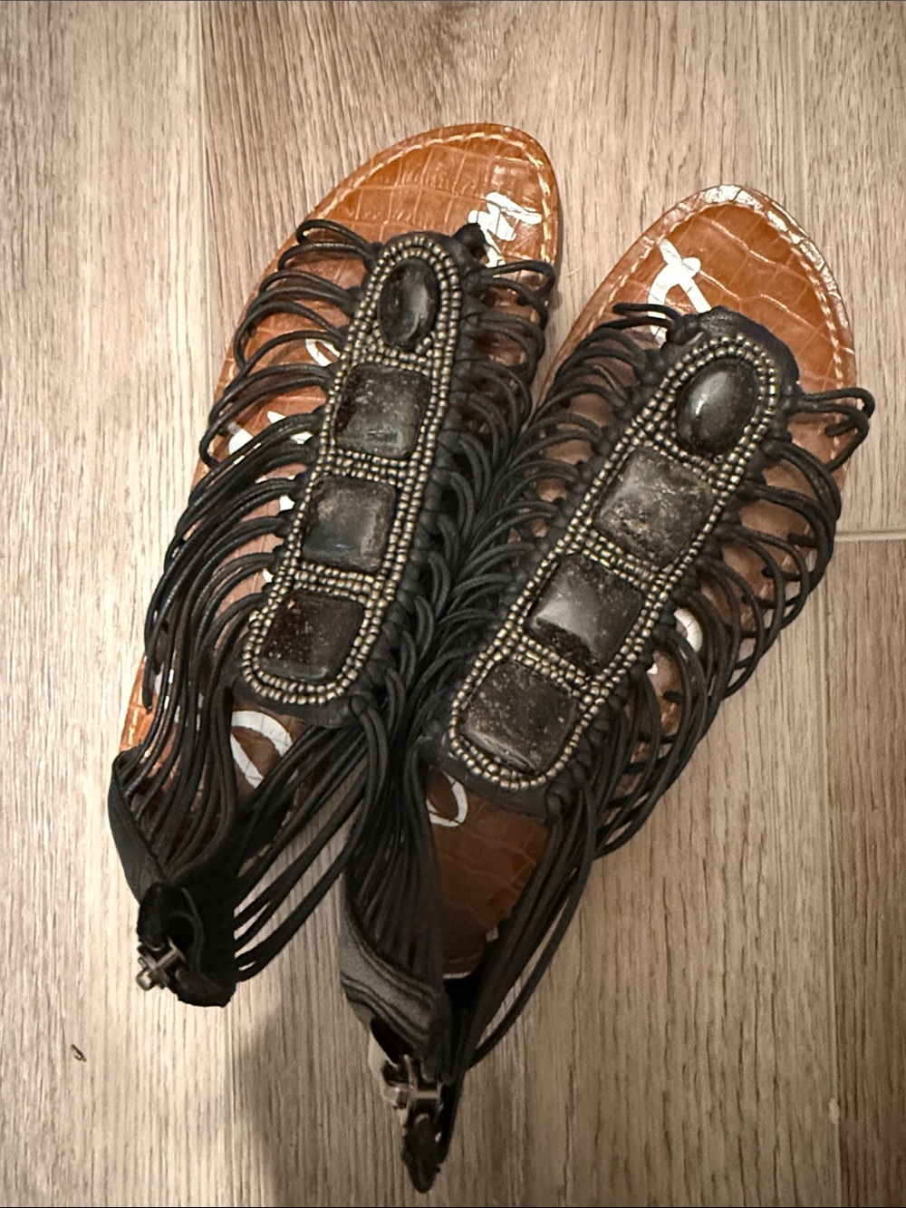 Sam Edelman Black Fringe Beaded Gladiator Sandals